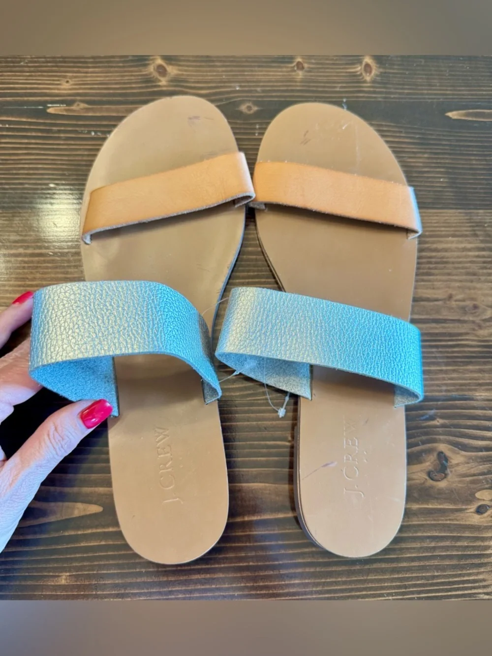 J. Crew Two-Band Slide Sandals in Tan and Metallic Silver Size 9‎ NWOB
